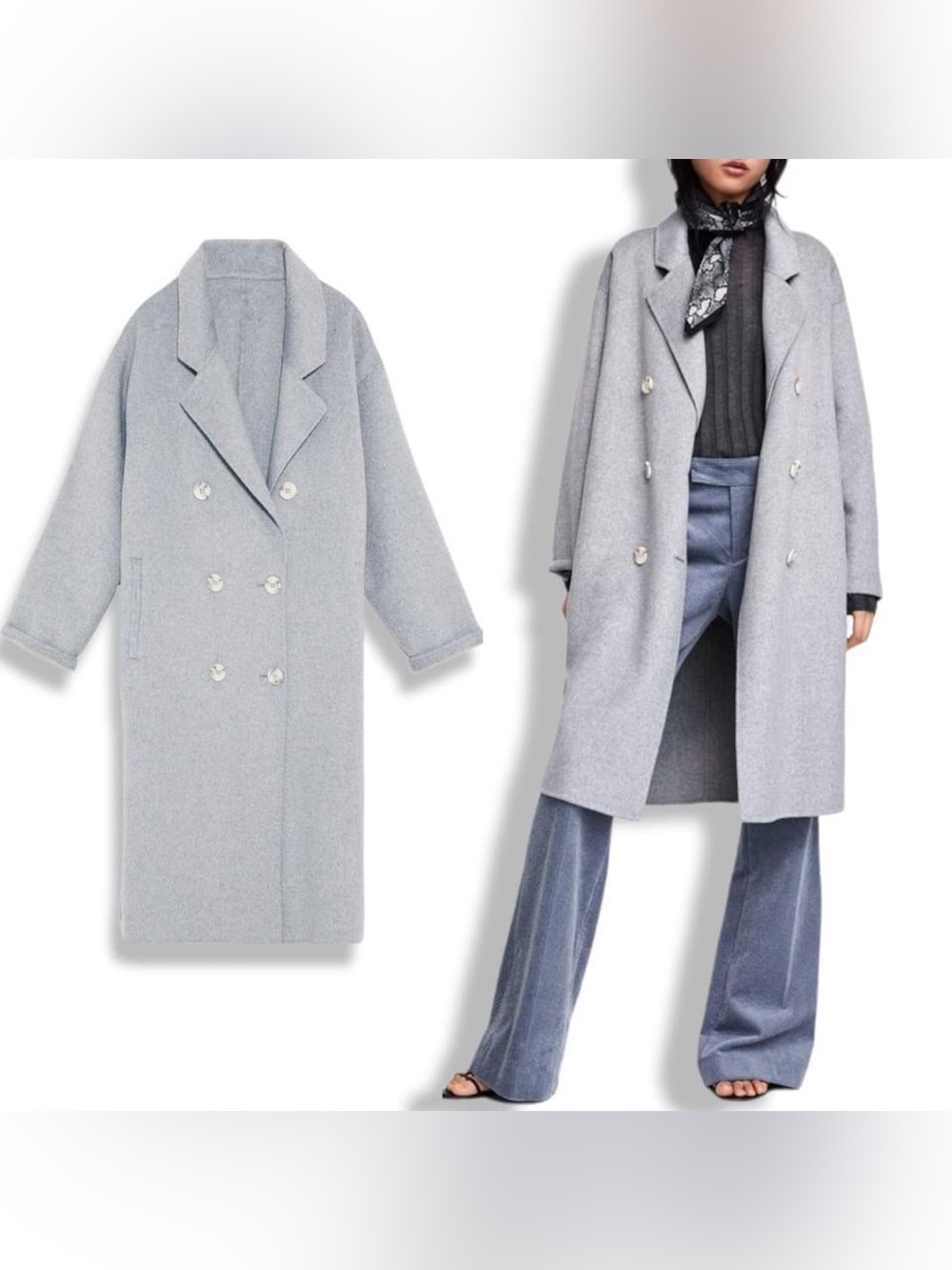 Light Gray Double-Breasted Wool Blend Coat S